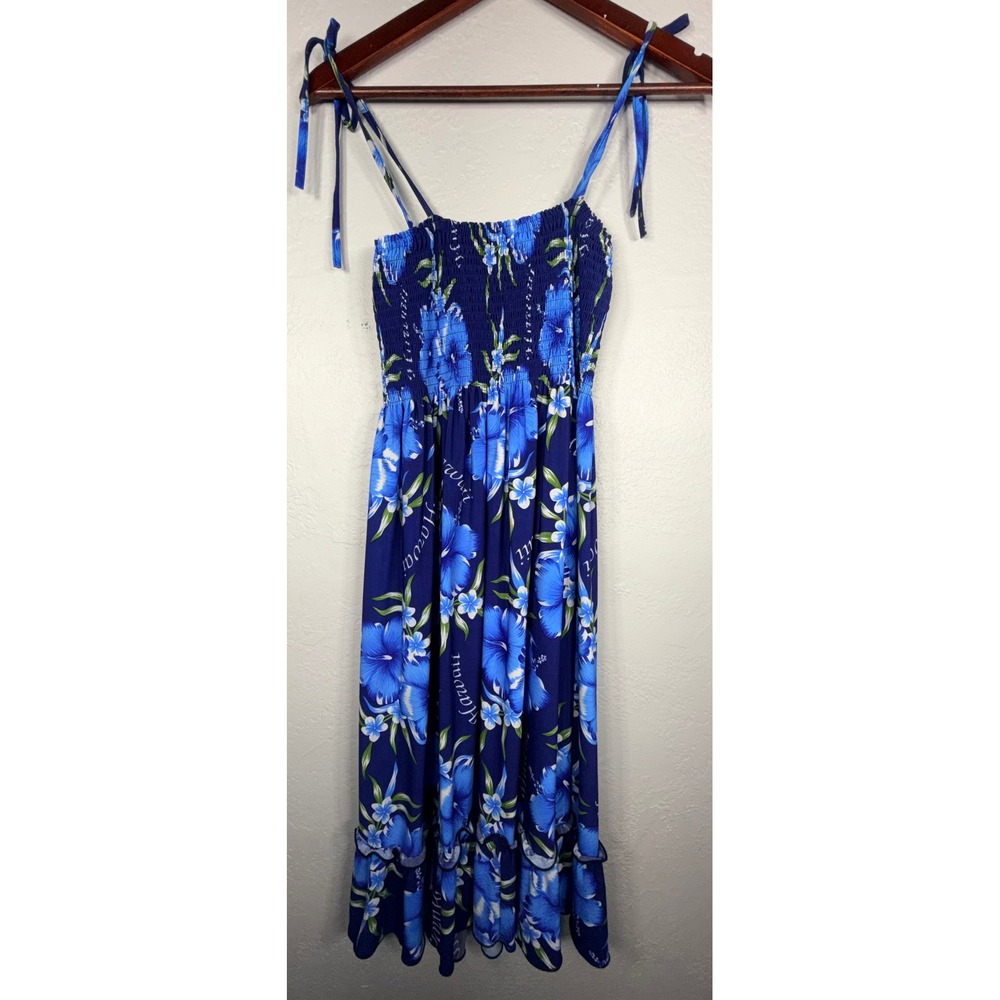 Aloha Fashion Blue Hibiscus Floral Smocked Tie Strap Midi Hawaii Dress Womens 12
